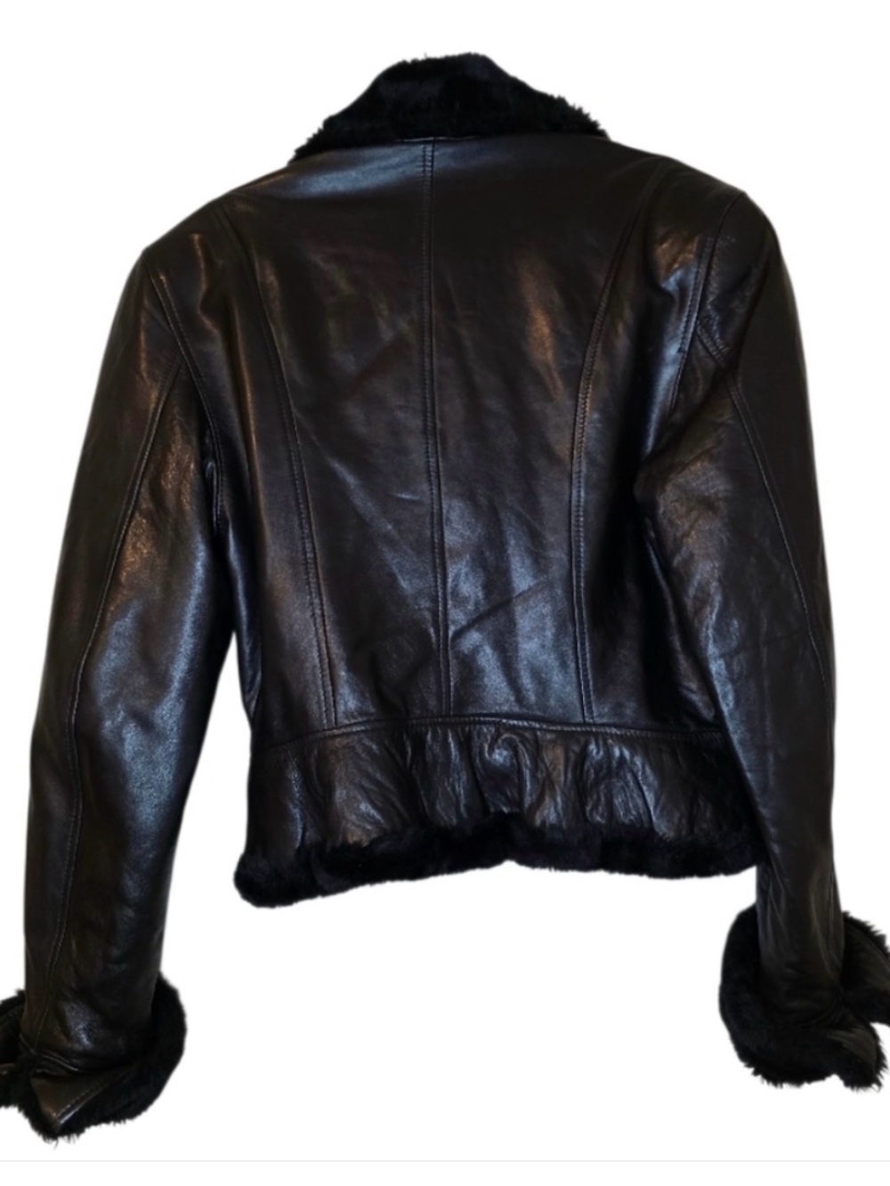 ANDREW MARC Black Leather Jacket‎ with Faux Fur Trim - Size Medium - Picture 2 of 4